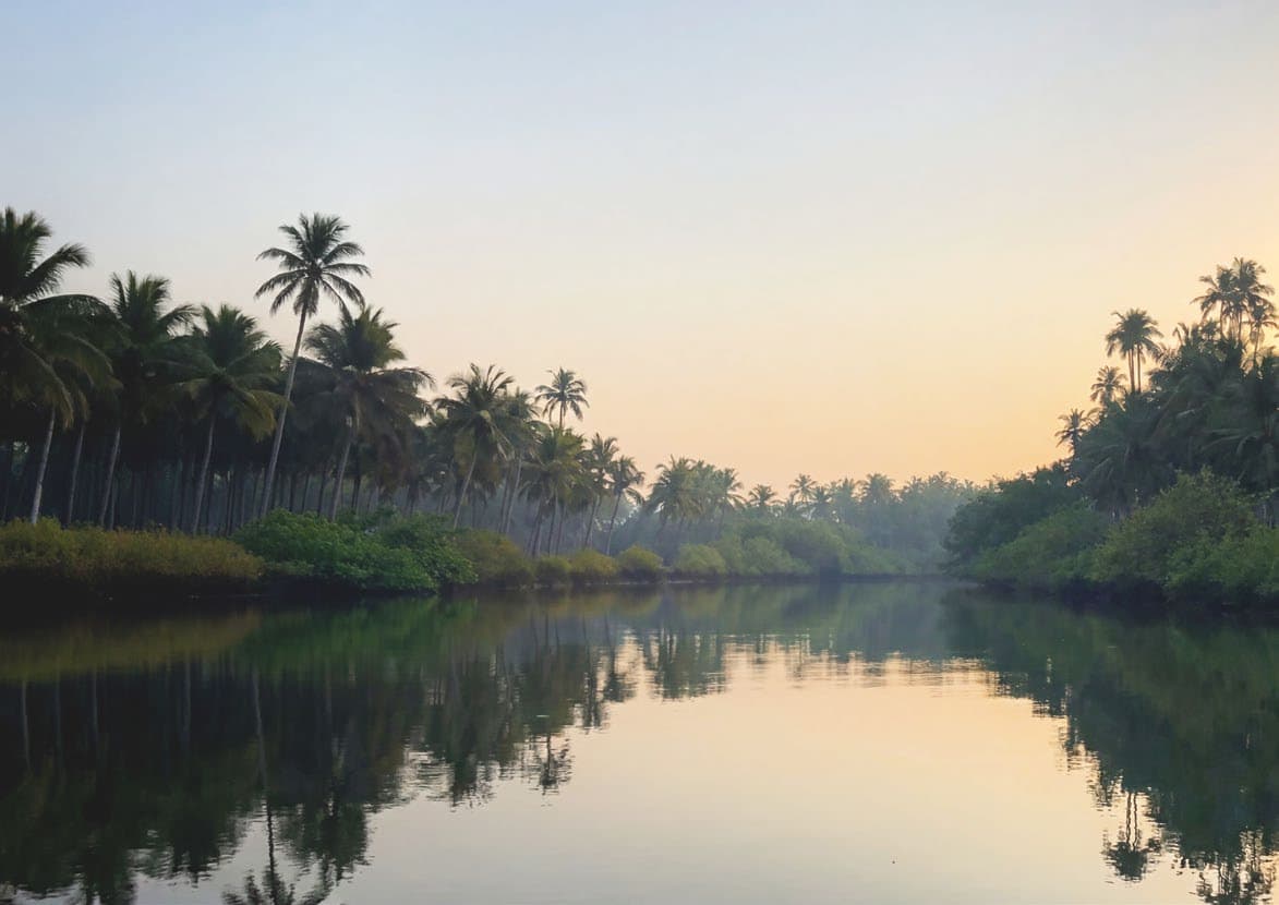 Palm-lined backwaters of Majorda at dawn