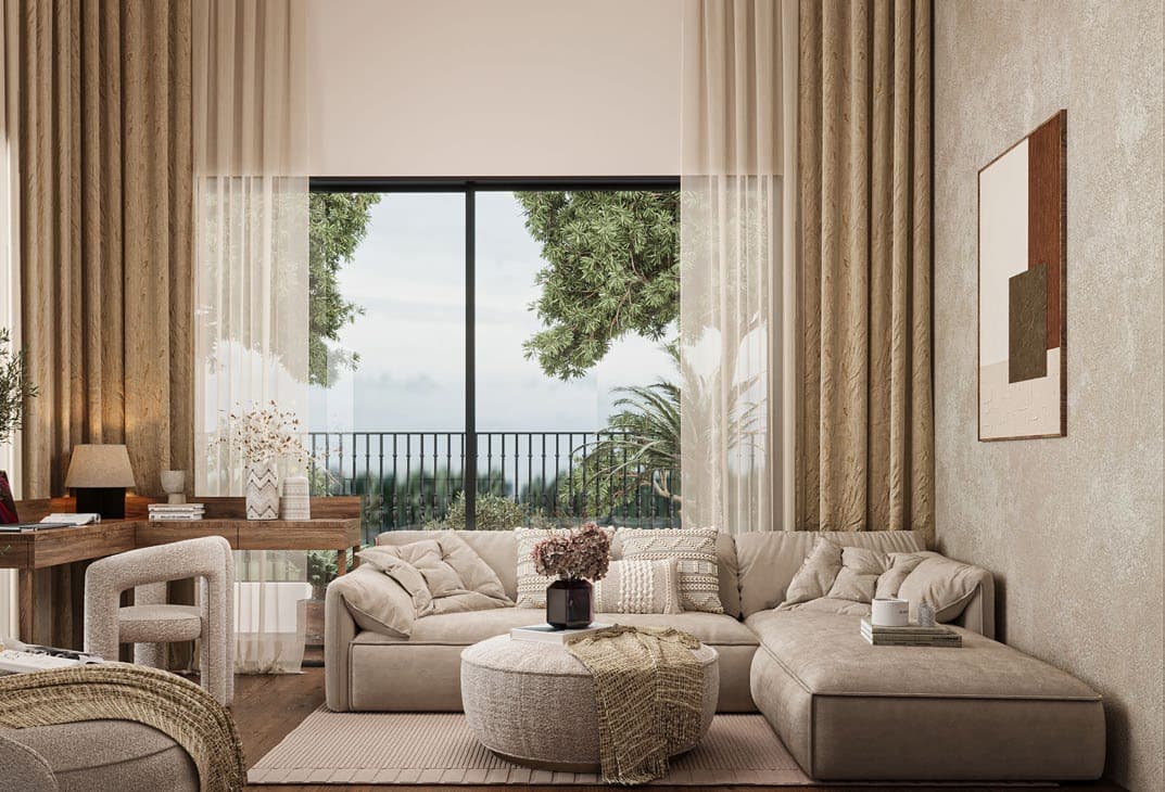 A fully complete Sukoon living room opening to the garden